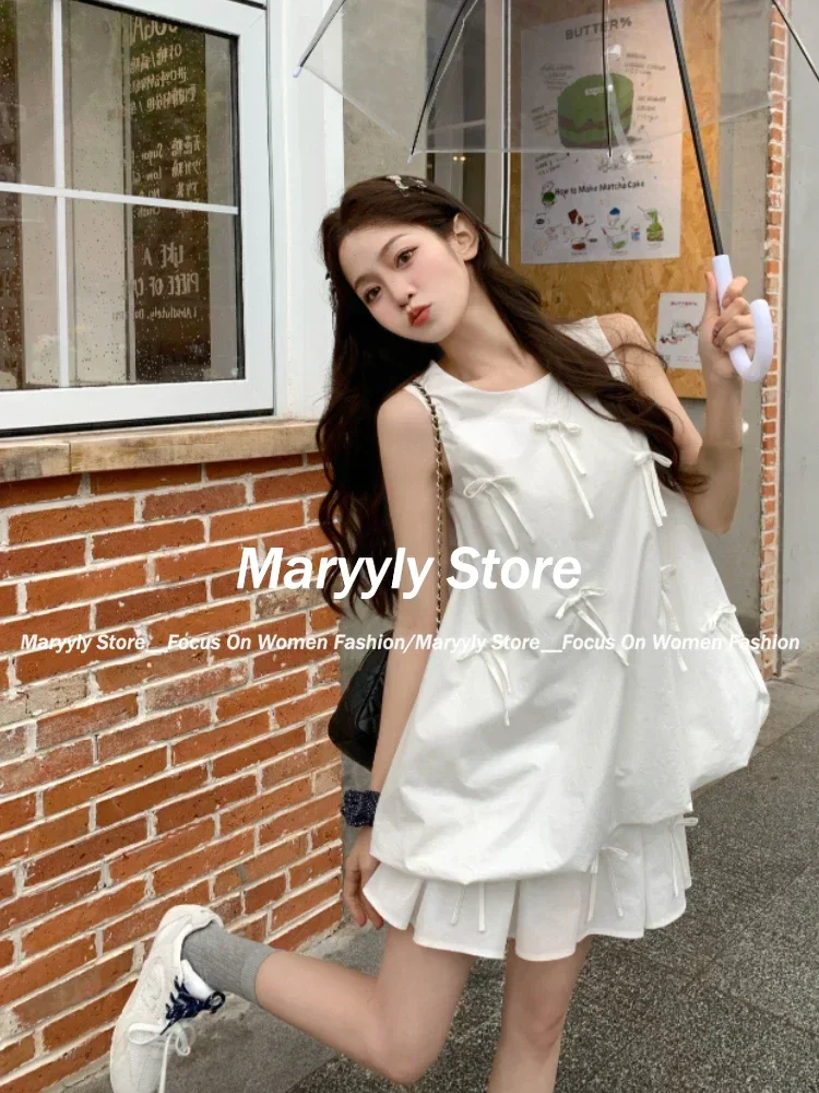 Summer Sweet Design 2 Piece Set Women Casual Kawaii Bow Sleeveless Tops + Cute Mini Skirt Female 2000s Y2k Retro Skirt Outifts