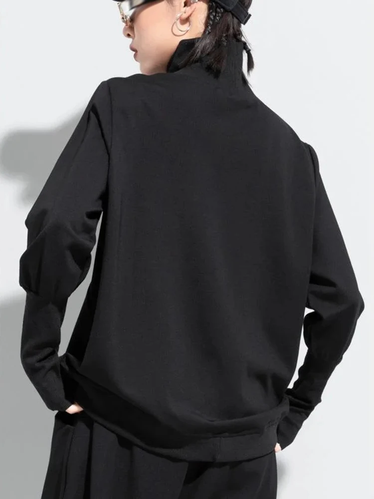 Amaxl UluE European Fashion 2024 Autumn Womens Black Turtleneck Design Tops Ladies Punk Casual Tee Shirts Loose Cotton Clothes