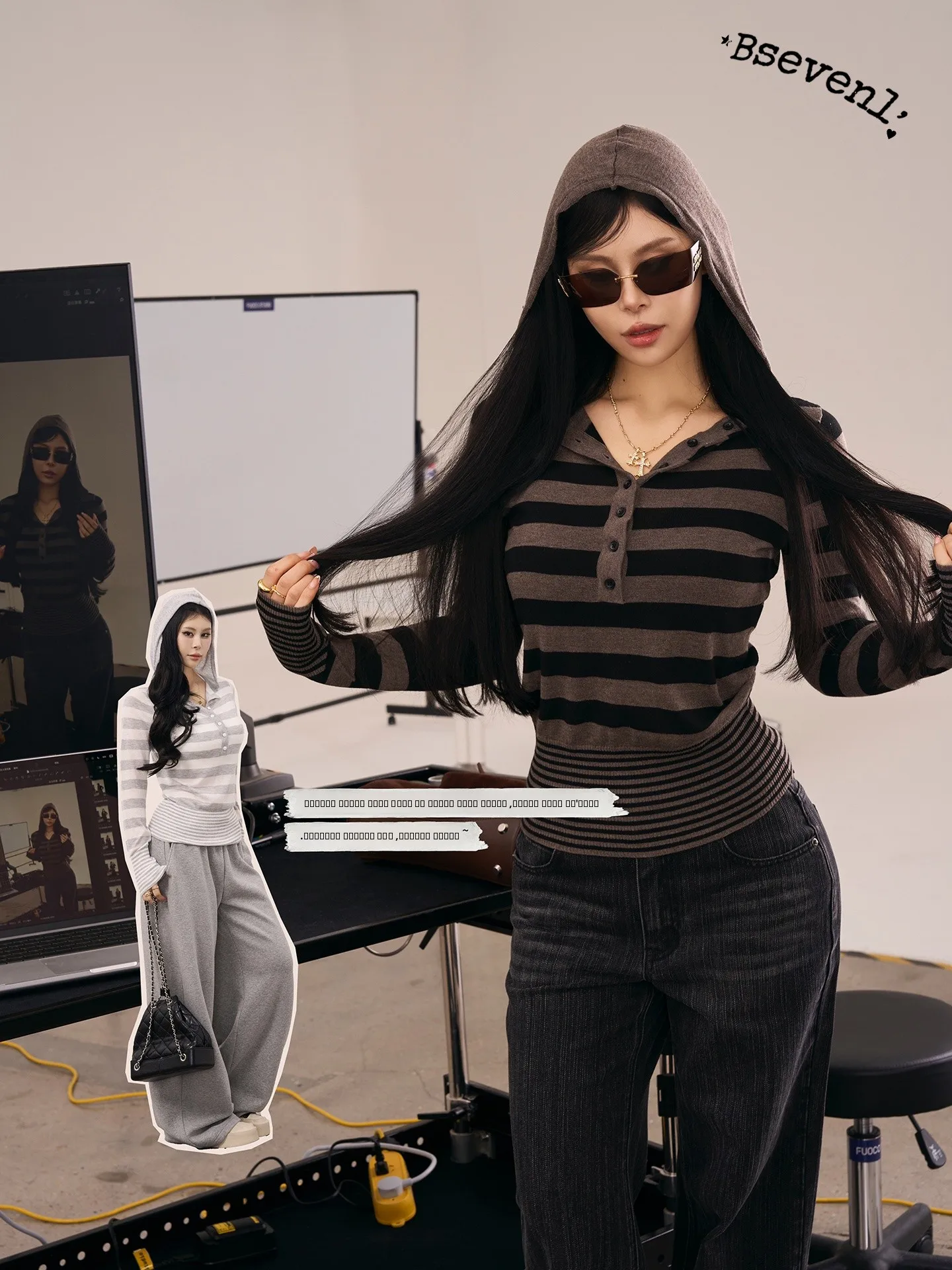 

Bla Zen Seven Winter Casual Striped Knitwear Women's Slim Fit Hoodie Top Soft Polyester Fiber Long Sve Hooded Pullover