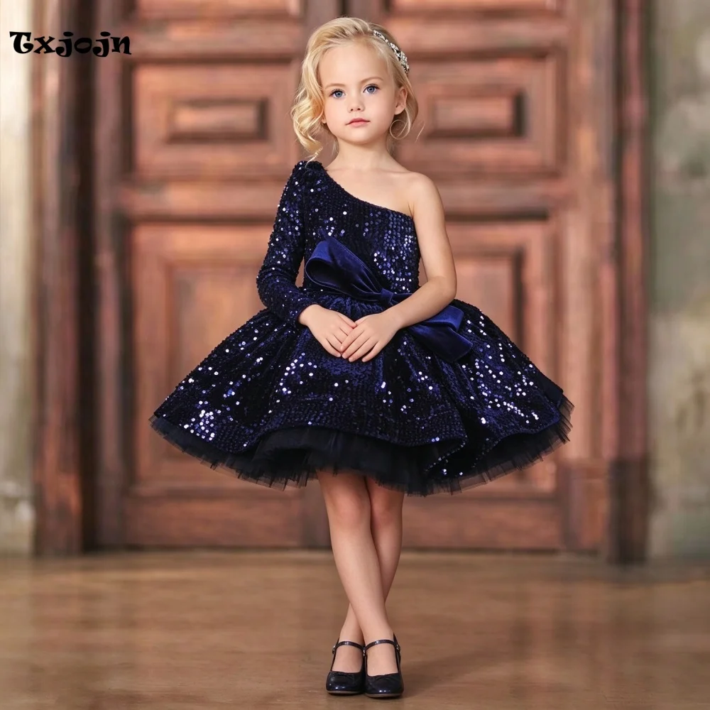 1-14 Years Old Girl's Bow Princess Dress Sparkly Sequined One-shoulder Mesh Girl's Dress Prom Dress Flower Girl Birthday Dress