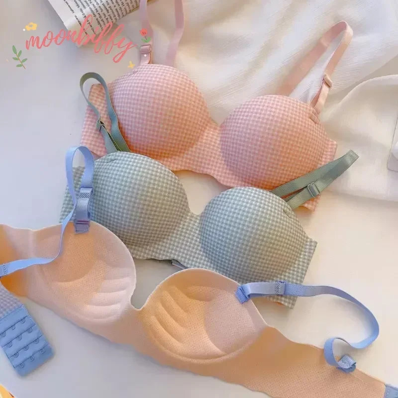 Women Ice Bra One Cup Thick Comfortable Without Steel Ring Lingerie Sexy Push Up Bralette Underwear Fashion Plaids Pattern Bra