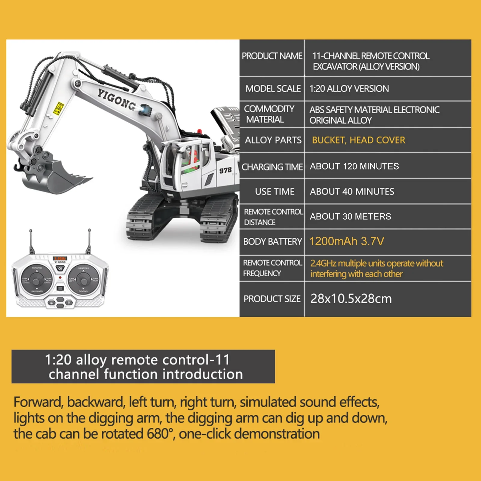 1/20 RC Excavator Dumper with Light Music 2.4GHz 11CH Big RC Truck Engineering Vehicles Educational Toys for Kids Christmas Gift