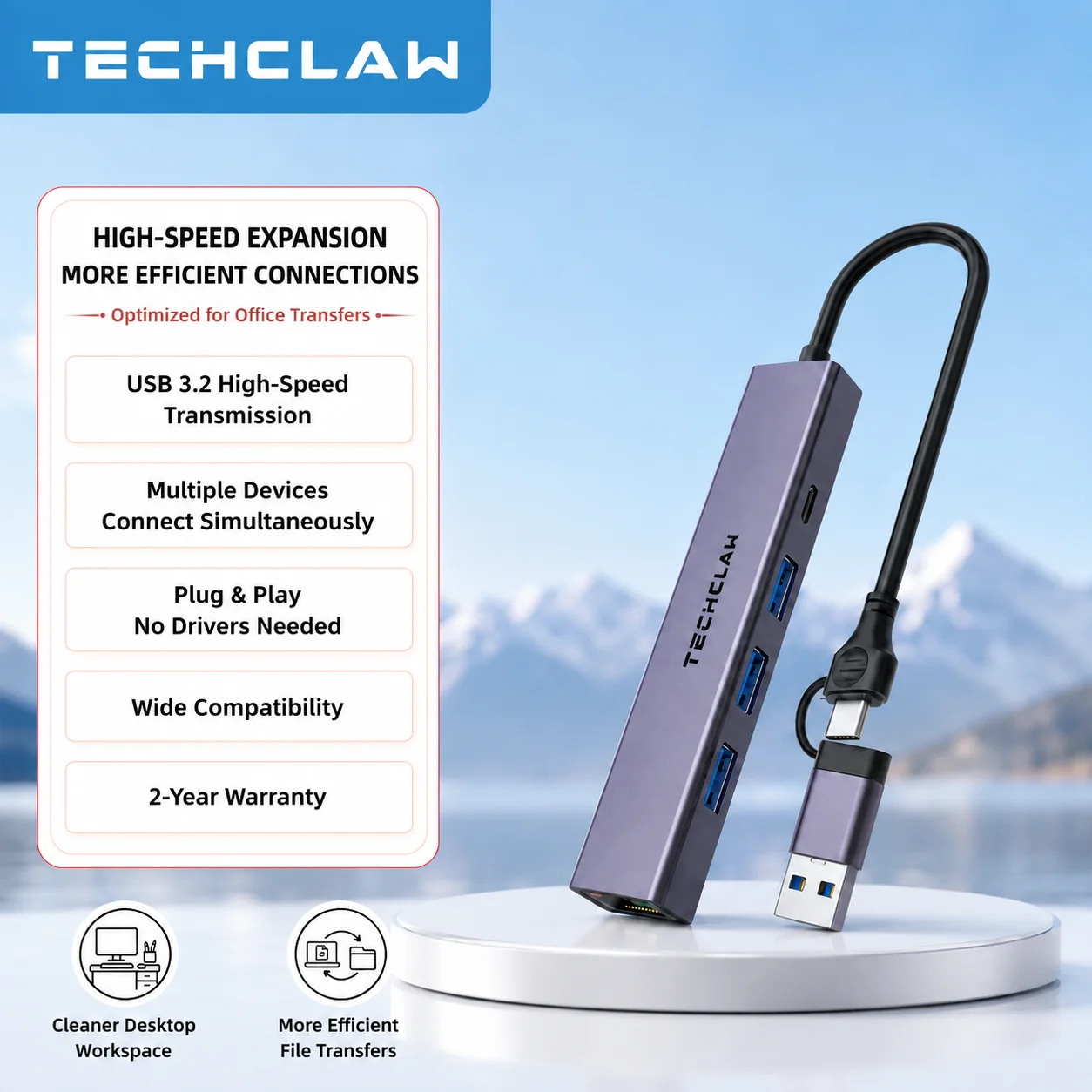 TECHCLAW USB3.2 Hub USB-A+Type-C Dual Input Docking Station 3 USB Ports + RJ45 Gigabit Ethernet LAN Port Type-C Power Supply Lap