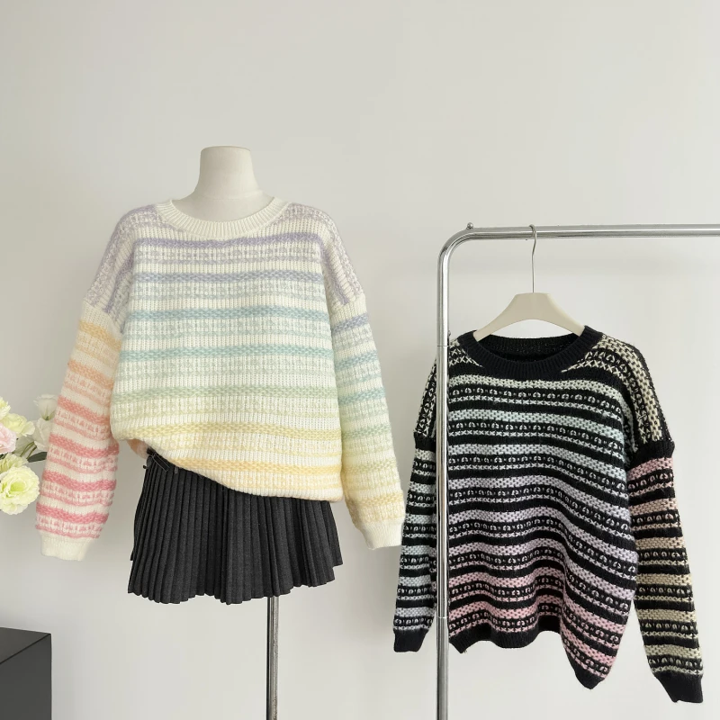 Rainbow Striped Round Neck Sweaters Women Autumn New Sweet Korean Chic Knitwear Casual Long Sleeve Pullover Tops