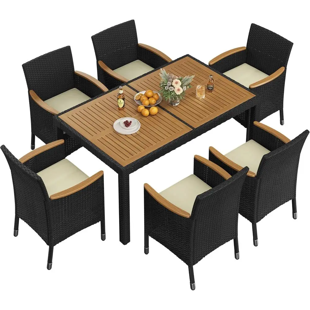 

7-Piece Acacia Wood Patio Furniture Set with Rattan Dining Chairs and Cushions, Suitable for Backyard, Deck, or Garden, Black/Be