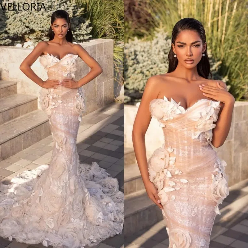 

Royal Strapless Mermaid Evening Dress Illusion Appliques Sleeveless Party Dress Floor Length Lace Ball Gown Customized