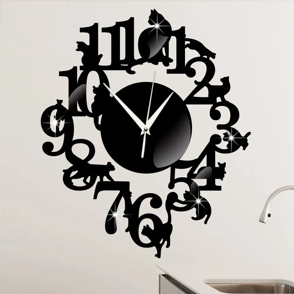 ABFU-Black Cat Wall Clock Hook Antique Indoor Wall Clock Scandinavian Clock Cute Cat (Black)