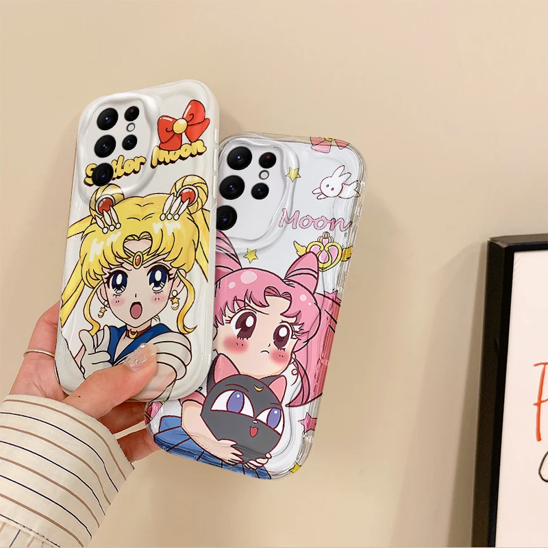 Cute Cartoon S-Sailor Moons Phone Case for Samsung Galaxy S25 S24 S23 S22 Ultra Plus S21 FE A73 A72 A55 A54 TPU Shockproof Cover