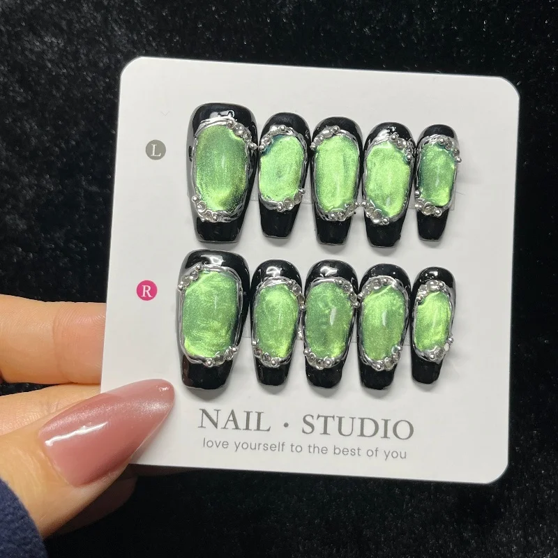 

10 шт. блестящие зеленые французские накладные ногти «кошачий глаз» серебряные узоры с жемчугом ручной работы пресс на ногтях простые черные средние гвозди в виде гроба