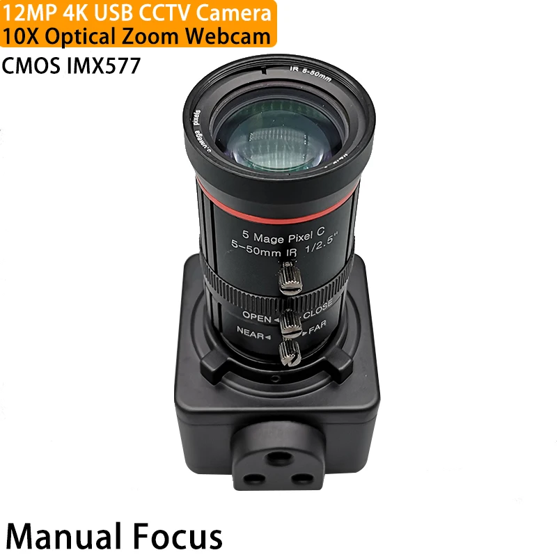 12MP 10X Optical Zoom USB Camera 4K with 5-50mm Varifocal CS Lens CMOS IMX577 Sensor Manual Focus Webcam HD CCTV PC Video Camera