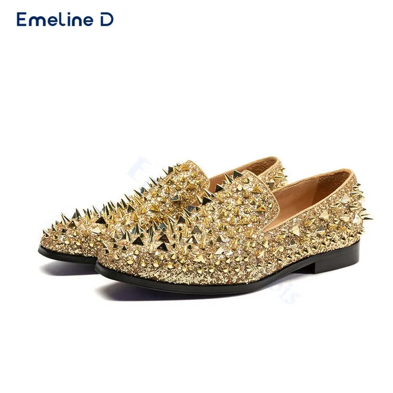 Luxe loafers met zilveren studs, ronde neus, dikke hakken, instapper, glanzende strass-casual schoenen, modieuze prestatieschoenen voor heren