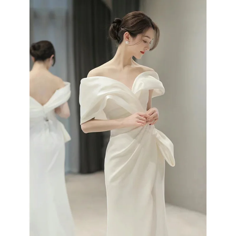 PJN White Wedding Dress Bride Satin Off Shoulder Mermaid Snapshot Dresses Women Formal Graduation Gown Long Evening Party Dress