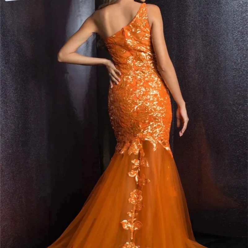 Stylish one-shoulder Evening Gown Mermaid Floor Dress Ball Gown Sleeveless applique party dress