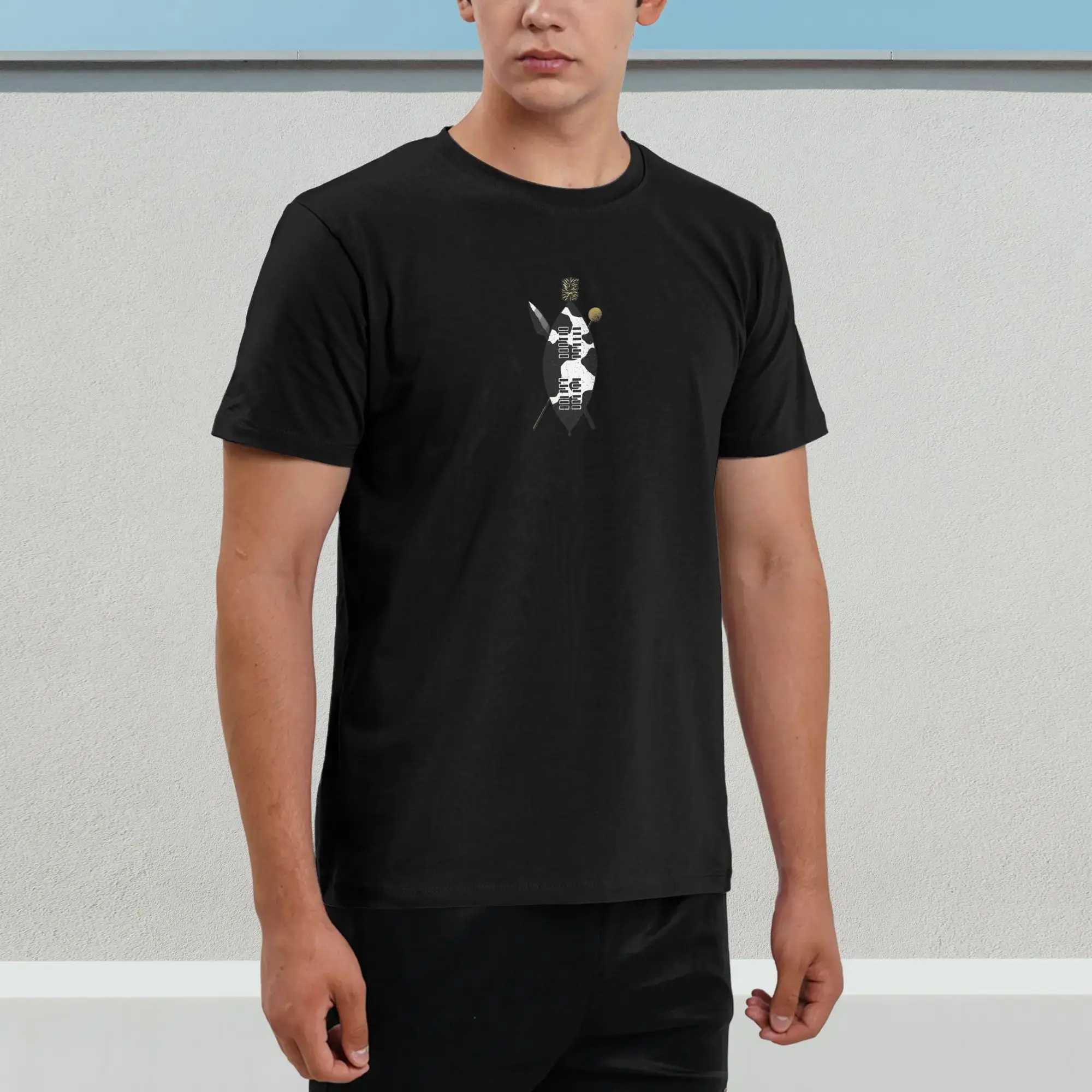 

New 2025 yaer Traditional African Shield and Weapons Emblem t shirt men sleeve shirt