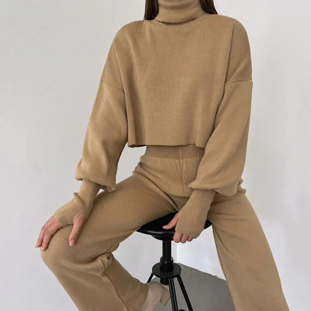 Women Top Pants Set Loose Long Sleeve Turtleneck Elastic Waist Wide Leg Solid Autumn Winter Lady Blouse Trousers Two Piece Set