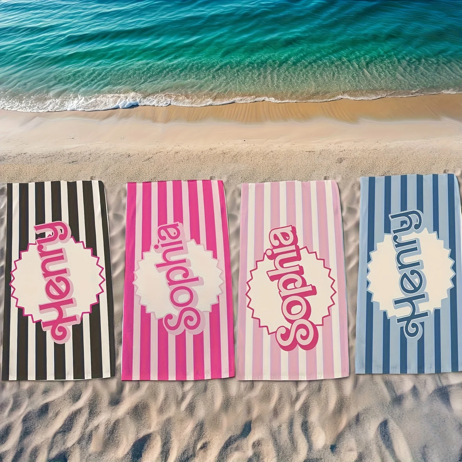 

Striped Customized Name Theme polyester microfiber beach towel is highly absorbent, suitable for swimming and beach outings