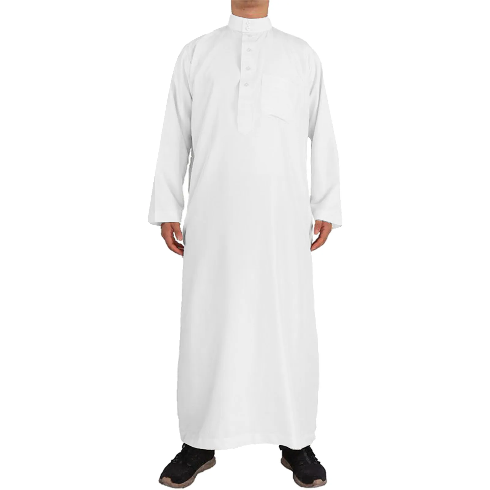 Stand Collar Male Muslim Jubba Thobe Casual Solid Long Robe With Pocket Long Sleeve Saudi Arabia Pakistani Kaftan Musulmane