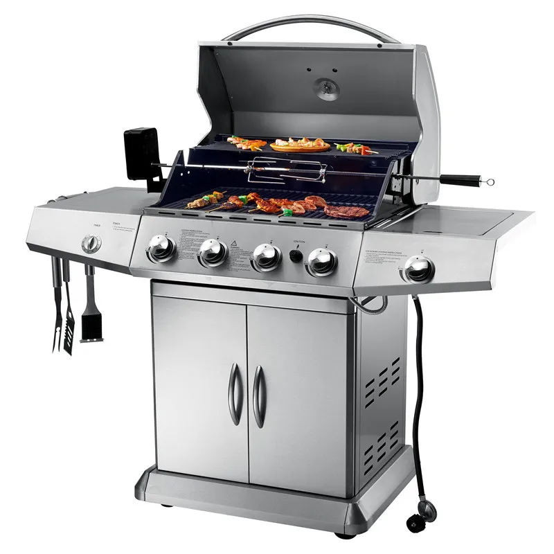 KS14074 4-Burner Gas/Charcoal Barbecue Grill for Home Garden Outdoor Parties Vertical Design for Side Cooking