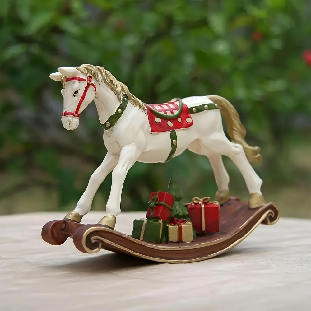 Resin Christmas Rocking Horse Figurine Vintage Hand‑Painted Rocker Ornament with Gift Boxes X‑mas Tabletop Home Decoration