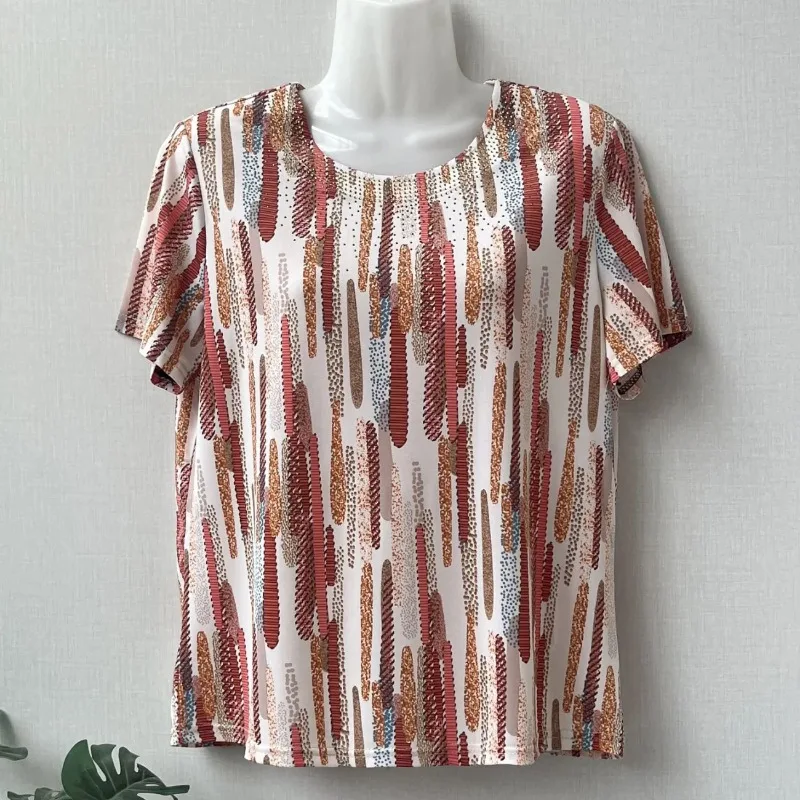 Women's Abstract Print Ice Silk Short Sleeve T-Shirt Loose Casual Plus Size Blouse for Moms