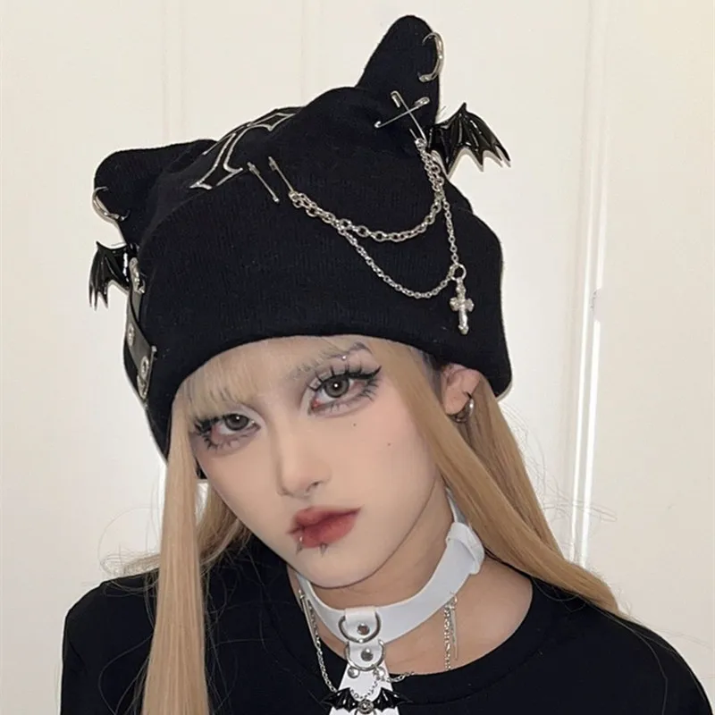 Punk Accessories Hats Egirl Hip Hop Caps Winter Warm Gothic Streetwear Dark Emo Scene Harajuku chain cross Docr Teen Gift