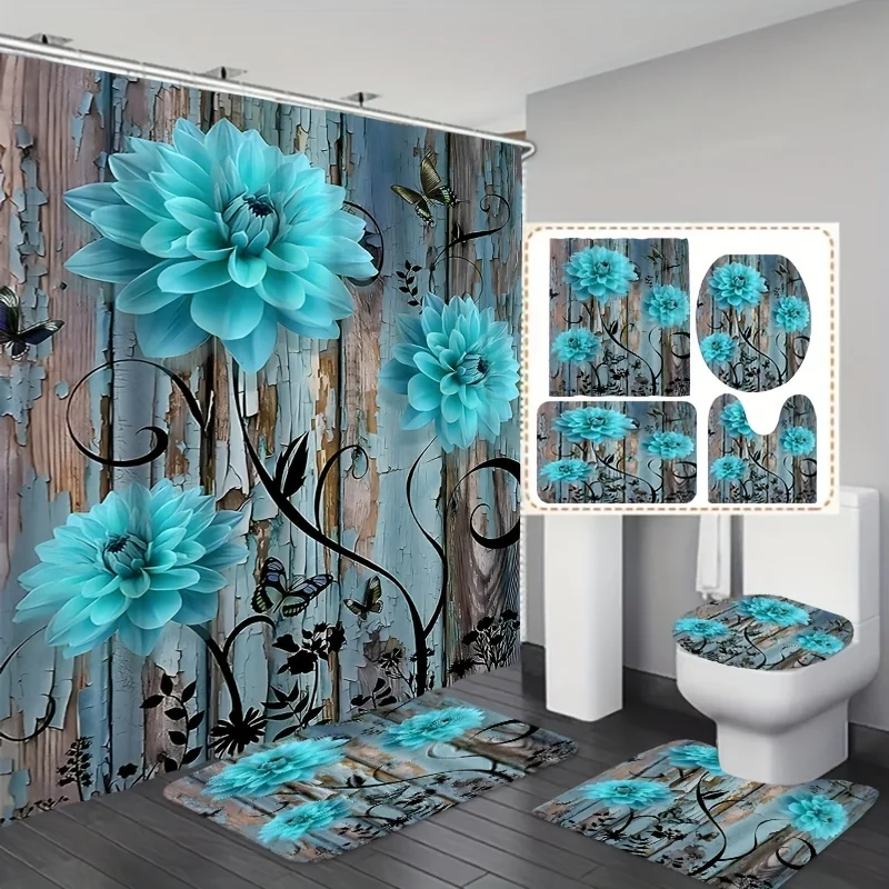 

Набор из 4 стилей живописи, винтажные шторы для душа с текстурой дерева, изумрудно-зеленые цветочные шторы для ванной комнаты для украшения ванной комнаты