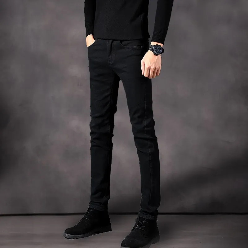 

Slim Fit Men's Jeans Casual Long Pants Korean Sle Trendy Youth Bla Denim orts mid Waist Zipper Closure Four Seasons Wear