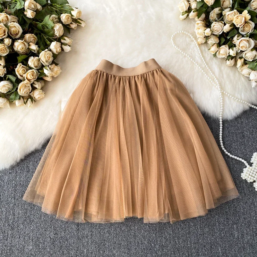 Sweet Women Mini Skirt Mesh Solid Tierred Ruffles Elastic Waist Women's Clothing Almighty A-line Tulle Skirts Summer Dropship