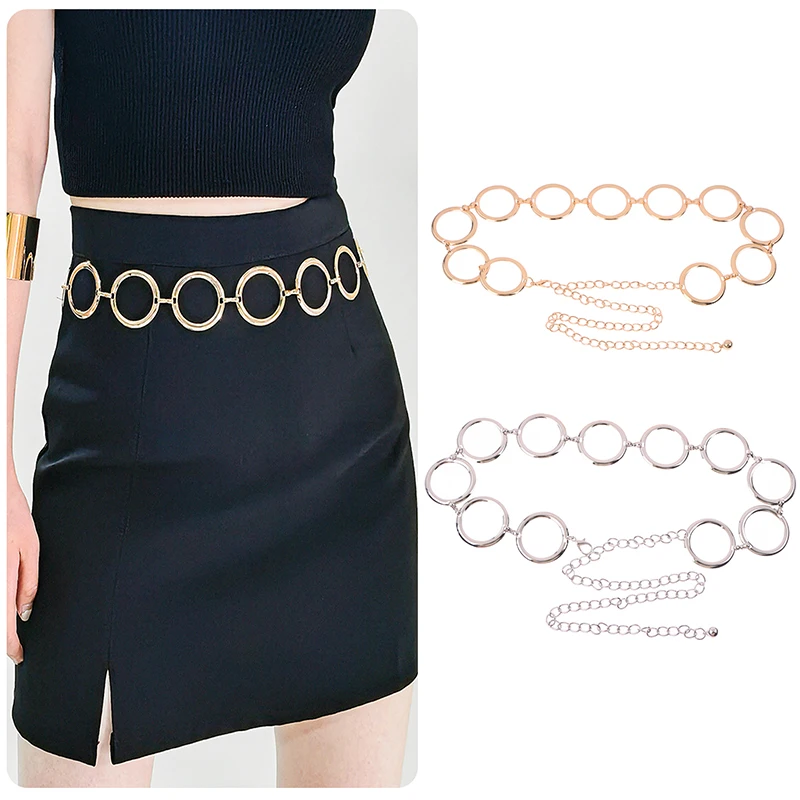 Luxury Fashion Women Metal Chain Belt Large Metal Ring Waist Strap Dress Coat Skirt Lady Decorative Waistband