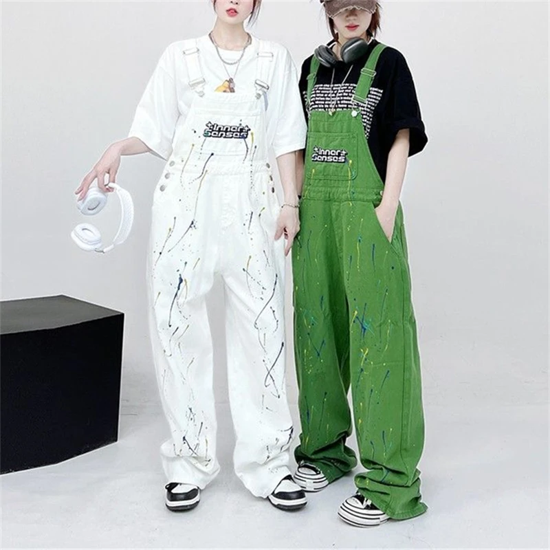 

Women's Graffiti Painting Vintage Suspender Jumpsuits Fashion Wide Leg Pants Streetwear Rompers Female Casual Straight Trouser