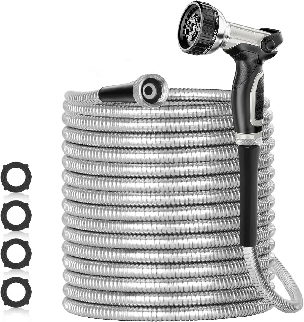 

Stainless Steel Garden Hose Metal, Heavy Duty Water Hoses with Nozzles for Yard, Outdoor - Flexible Puncture Resistant