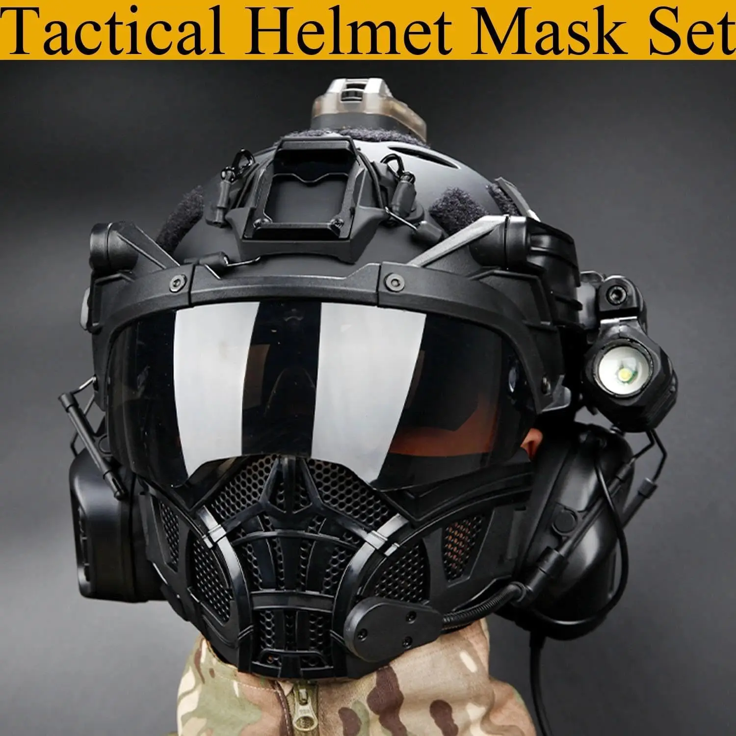 FAST SF Helmet Tactical Mask Set with Airsoft Half-Face Silicone Mesh Mask Flip-Up Goggles for Outdoor Hunting Paintball Cosplay