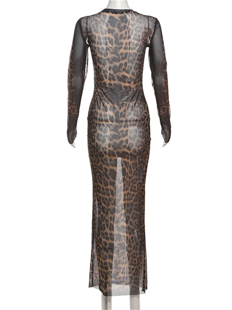 Habbris Fall Leopard Printed Mesh Long Dress Midnight Party Outfit For Women 2024 Long Sleeve Crewneck See Through Maxi Vestidos