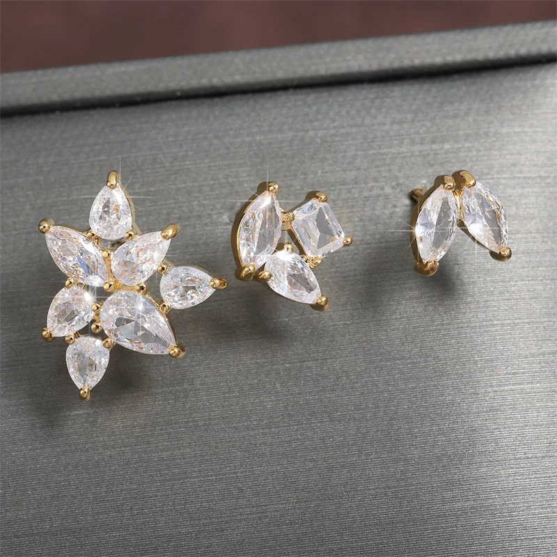 Uilz Marquise Cut Cubic Zircon Stud Earrings 3pcs Leaf Shape Earrings Set For Women Delicate Jewelry Daily Accessories