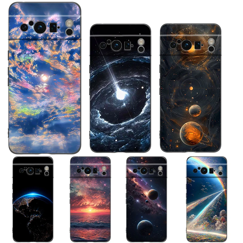 

Phone Case For Google Pixel 9 8 8A 7 7A 6 Pro XL 6A 5G Black Soft Shockproof Back Cover TPU Shell Earth Stars Space