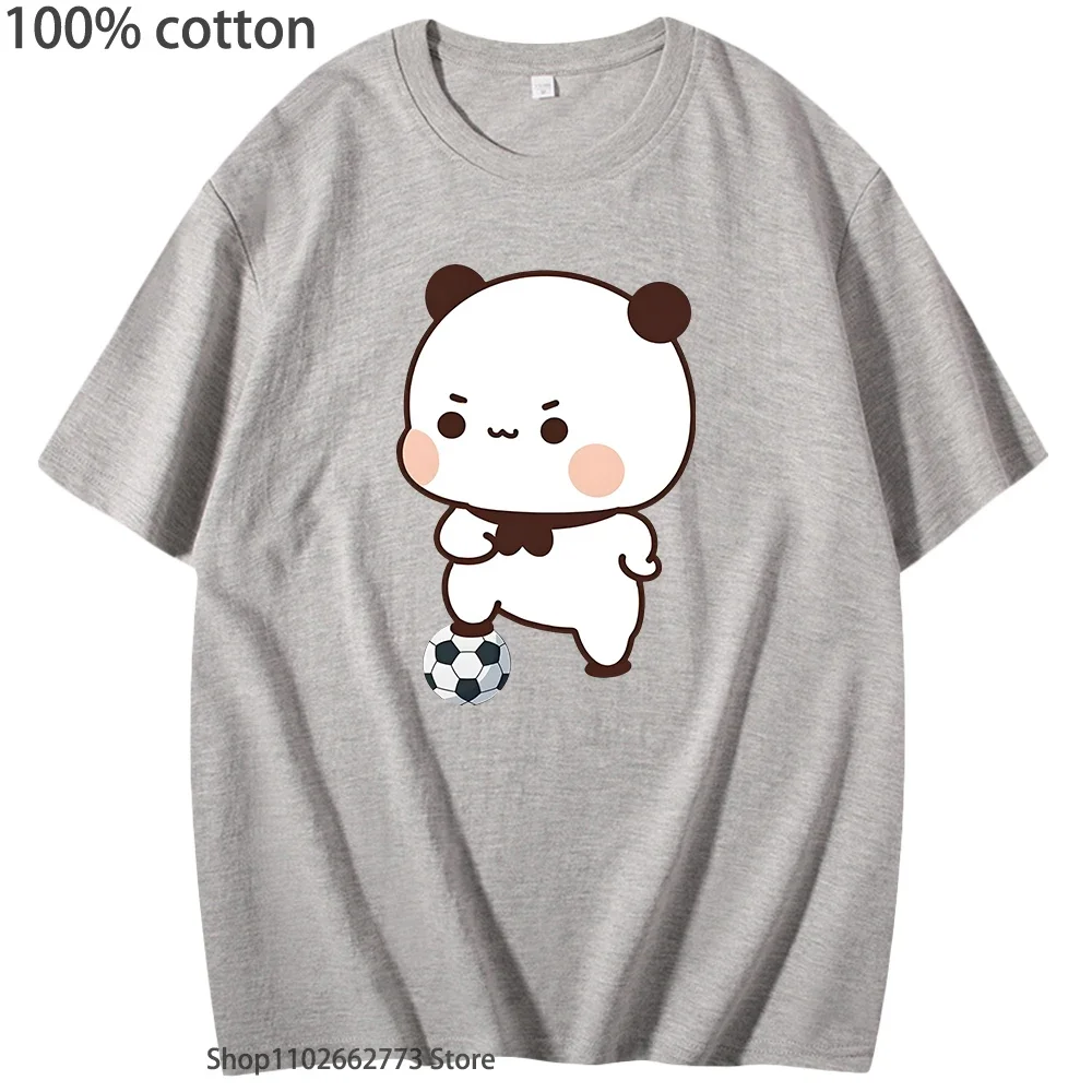 Urocze koszulki z Bubu grającego w piłkę nożną, kawaii, urocze koszulki z grafiką pandy, damskie koszulki, męskie koszulki, 100% bawełna, letnie, codzienne topy.
