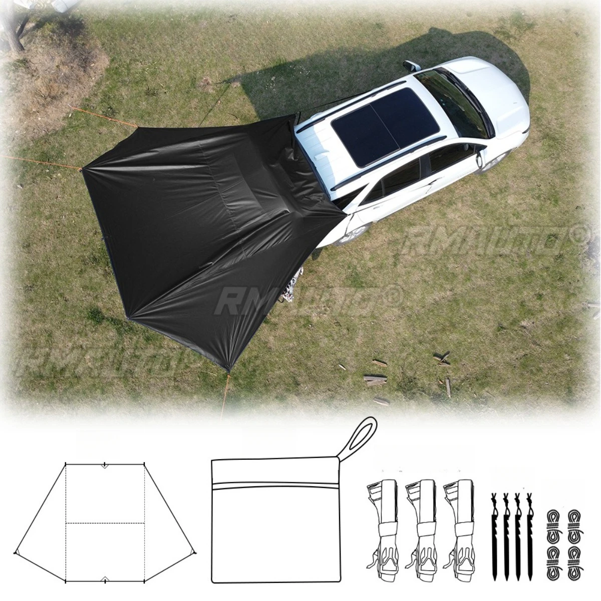 

210D Oxford Cloth Universal Car Rear Canopy Self Driving Outdoor Camping Black Rubber Car Side Canopy Ground Nail Wind Rope