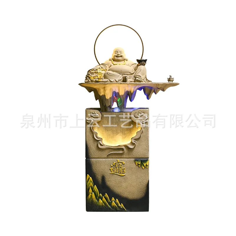 HYS Chinese Zen Maitreya Buddha Flowing Water Fountain Lucky Ornament Office Living Room Clubhouse Entrance Water View Home