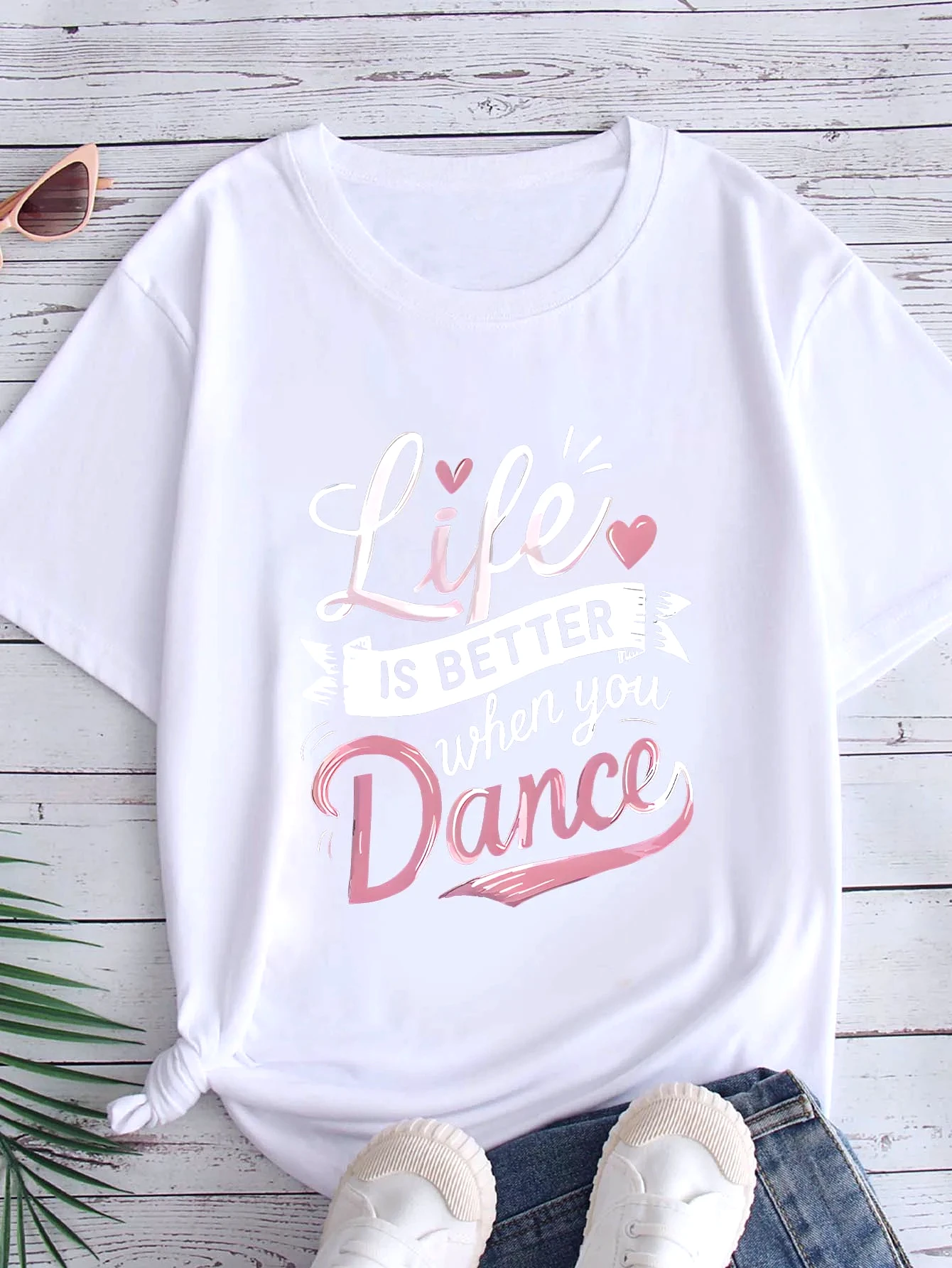Life Is Better When You Dance Women's Inspirational Printed Round Neck Short Sleeve T-shirt Comfortable Summer Aesthetics Tops