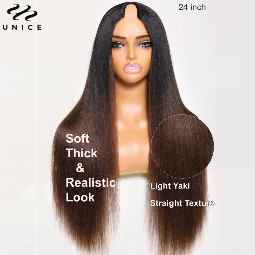 UNice Hair EasiContour Yaki Straight V Part Wig Ombre Brown Color 100% Human Hair Wig Minimal Leave Out Upgrade U Part Wig