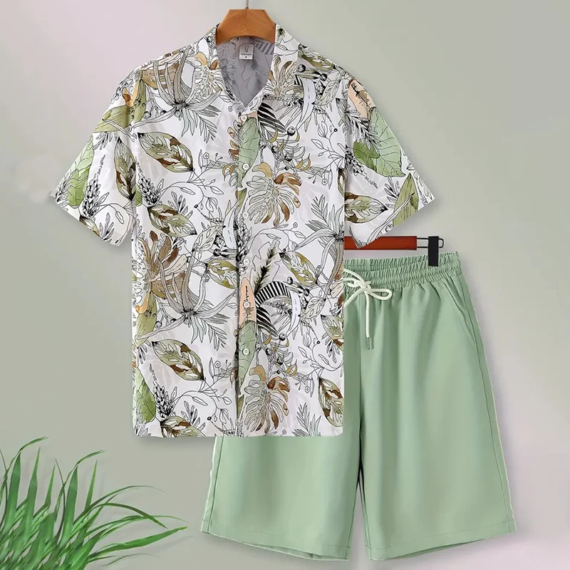 Sommerliches, stilvolles Hemd-Shorts-Set für Herren: Kurzarmhemd mit Revers und Knöpfen, Shorts mit Kordelzug, 2-teiliger Reiseanzug mit 3D-Blattmuster