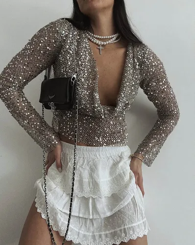 Camiseta transparente con lentejuelas de malla para mujer, ropa bidireccional, camisetas de manga larga, ropa de calle, Tops cortos de moda, camisetas femeninas