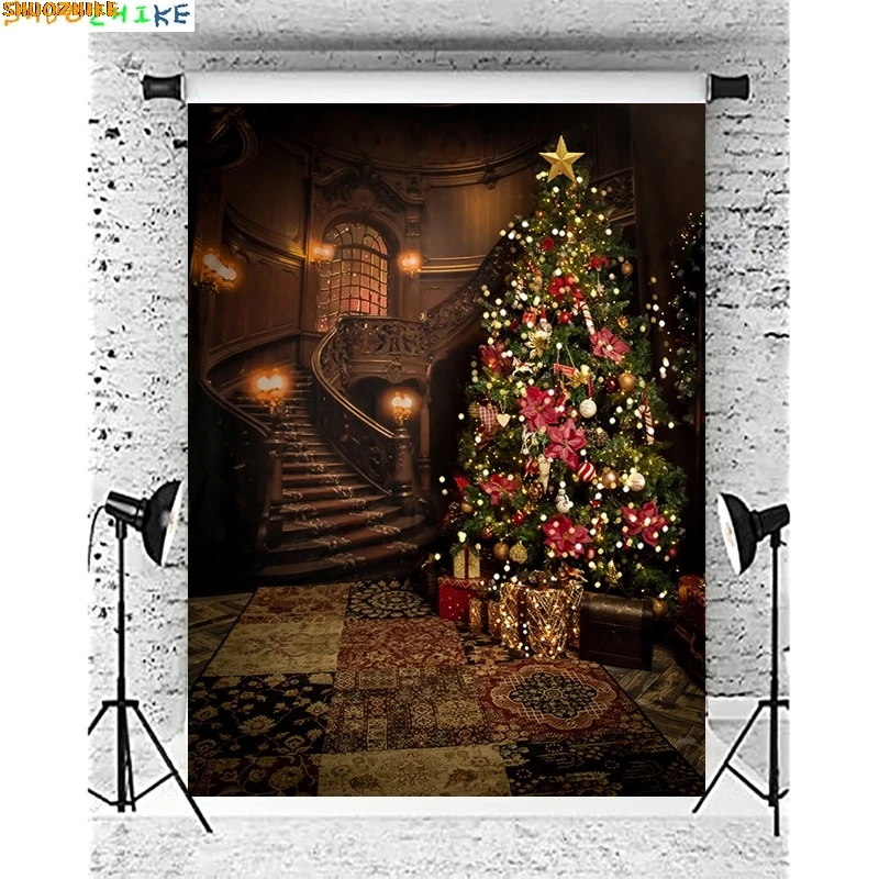 

Christmas Wooden Shelf Photography Backdrop Props Family Party Living Room Decor Teddy Bear New Year Holiday Background XM-02