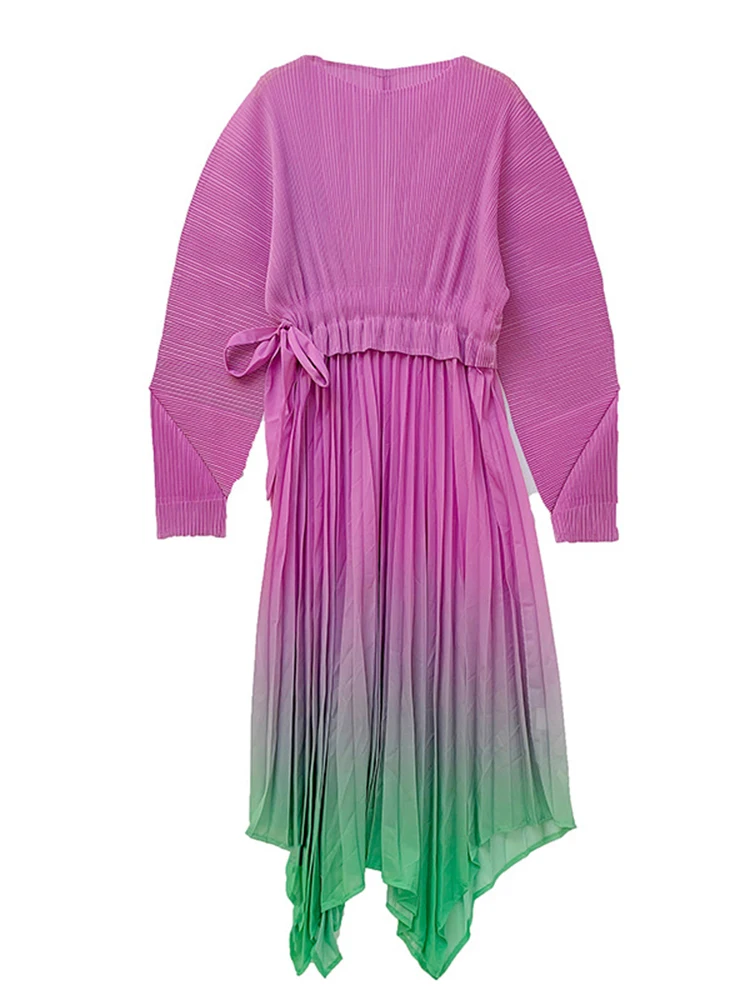 LANMREM Gradient Pleated Dress Round Neck Long Sleeves Stitching Color Female Maxi Dresses Elegant Party Clothes New 2DA1653