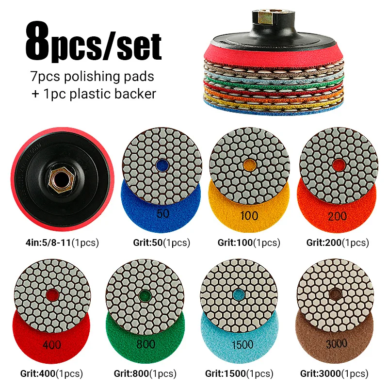 

8pcs 4inch 100mm Diamond Polishing Pad Set M14 M10, Dry Sanding Disc for Granite, Marble, Microcrystalline Glass, Countertops