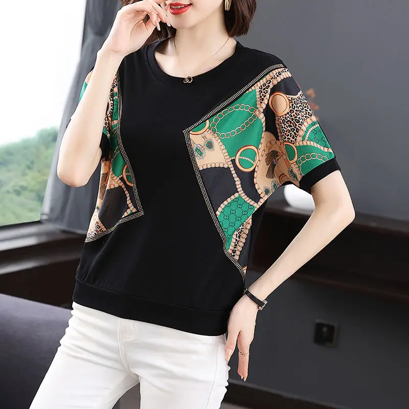 Fashion O-Neck Spliced Printed Diamonds Blouses Women\'s Clothing 2025 Spring Summer New Loose All-match Tops Office Lady Shirts