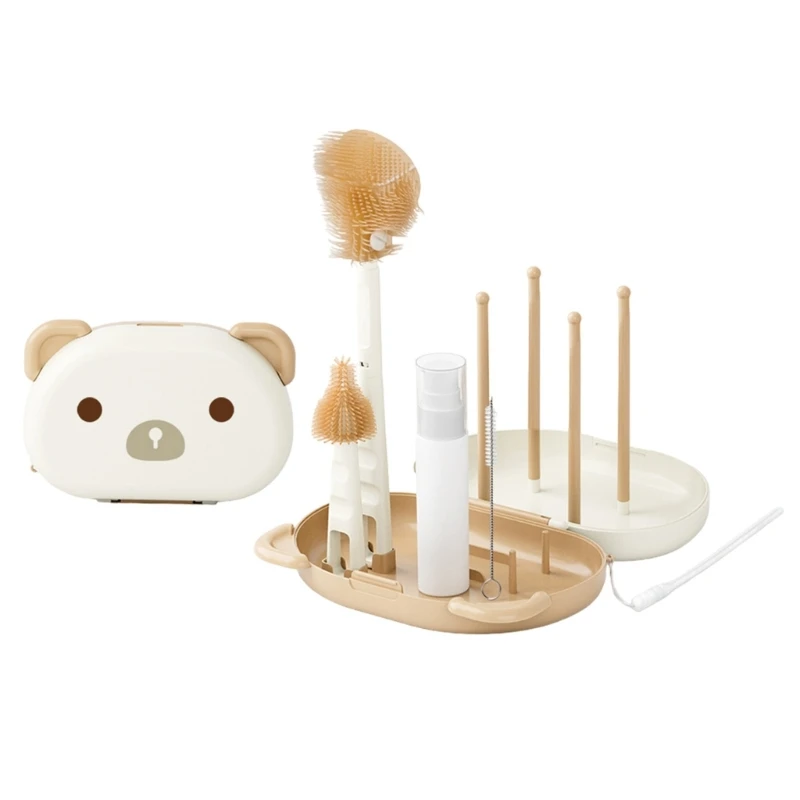 6 In 1 Baby Milk Bottle Cleaner Set Including Bottle Brush Pacifier and Straw Brushes with Drying Rack & Storage Box