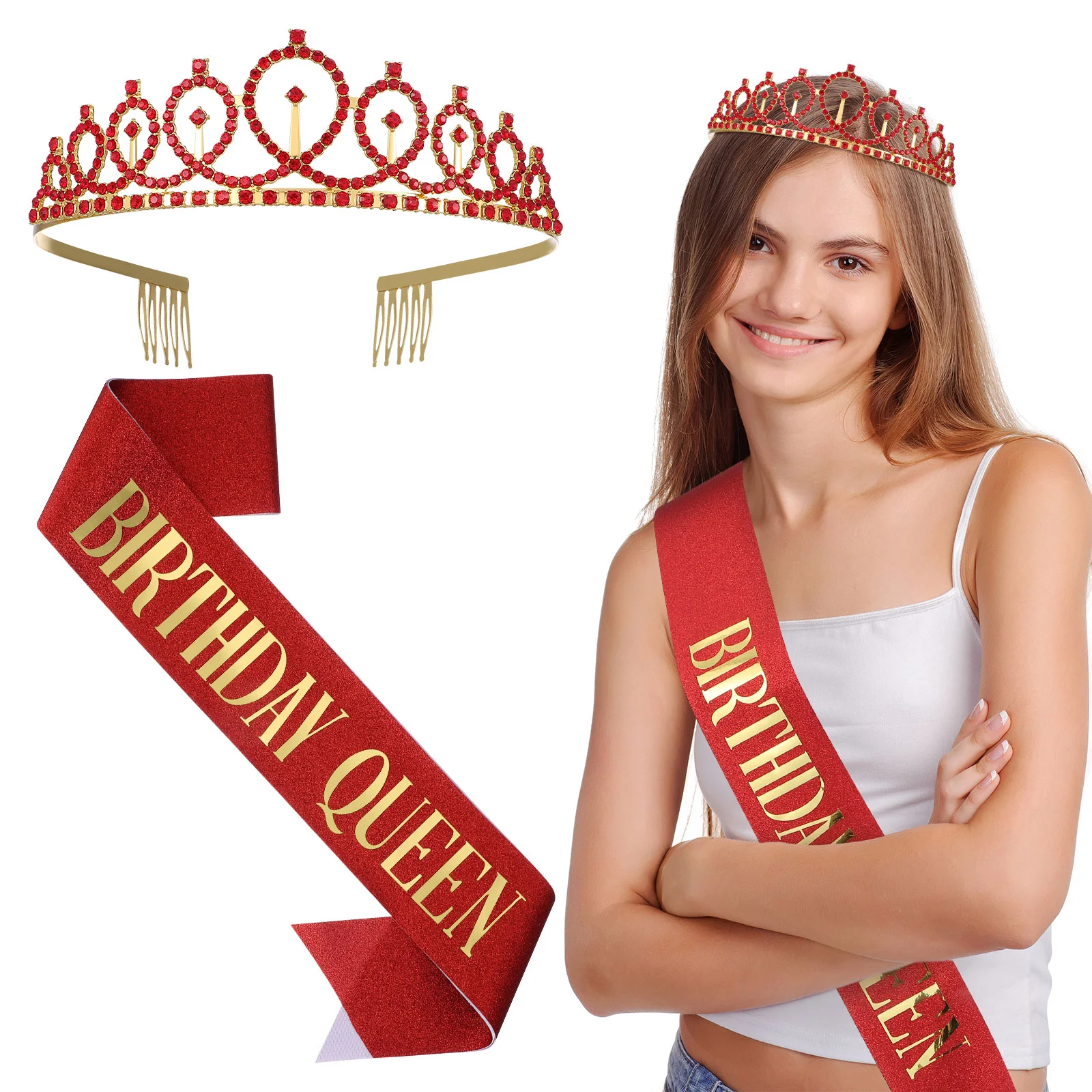 Ceremonial Headband Girl Birthday Sash Tiara Red Crown for Women Queen Sashes Gift Adult Woman Tiaras Crowns