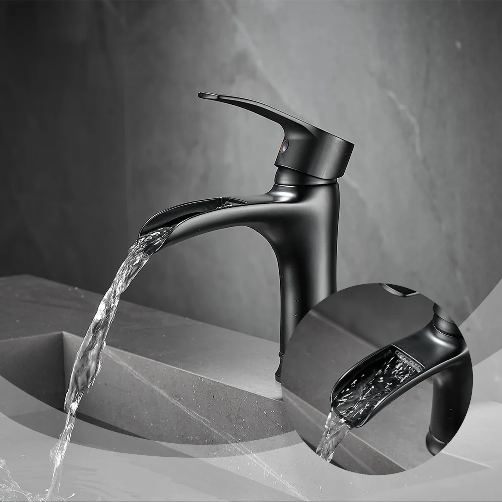 

Modern Waterfall Bathroom Faucet Single Handle Brass Mixer Sink Tap Basin Faucets Crane Ceramic Valve Tap Black Washbasin Faucet