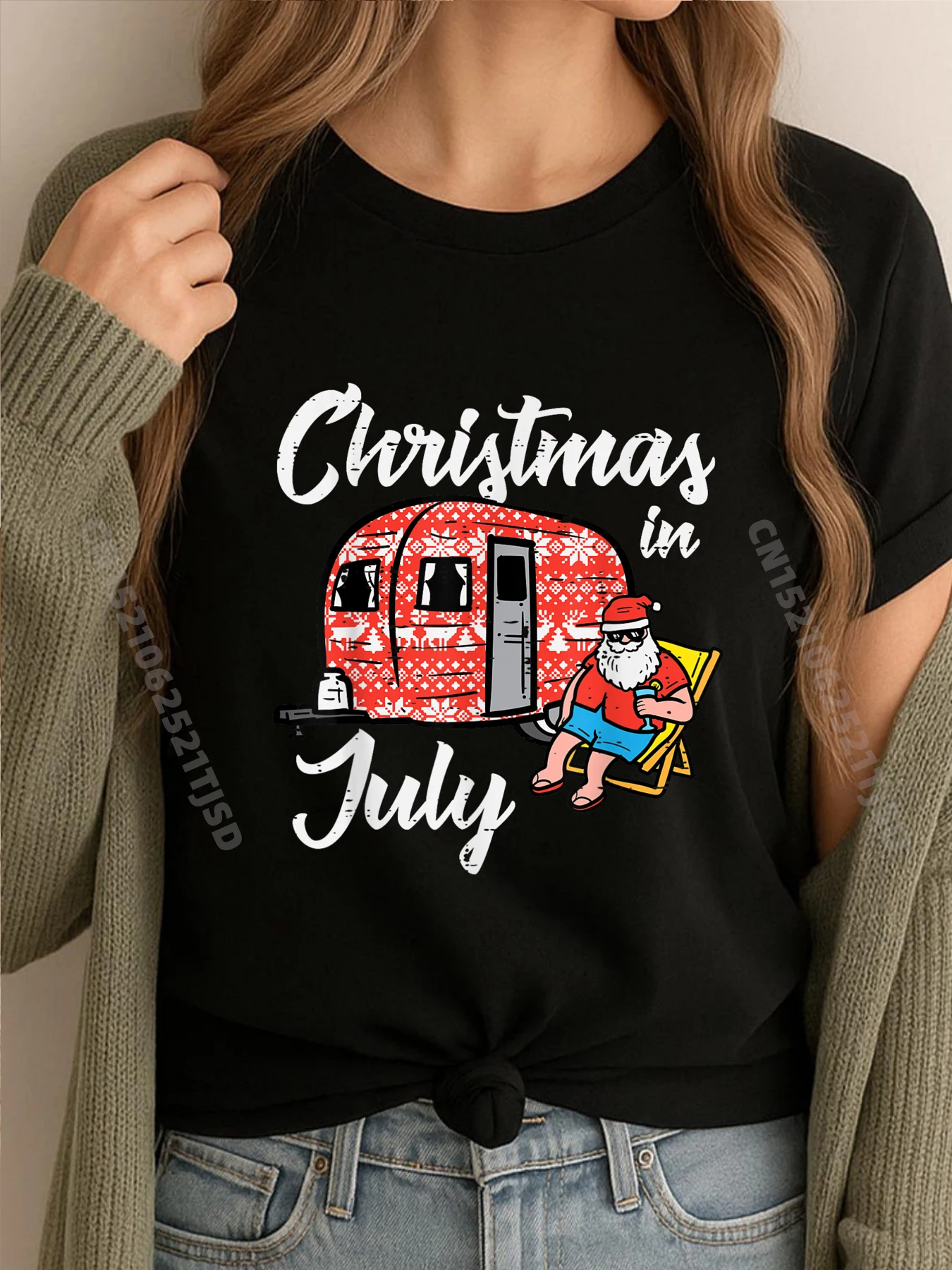 

Christmas In July Santa Camping Funny Xmas Kids Brand T Shirt Woman Clothing Plus Size Valentines Day